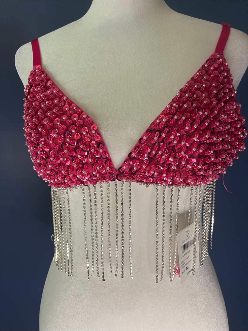 Windsor Hot Pink Sequin Fringe Bralette, NWT FLAWS missing sequins/rhinestones